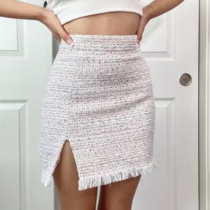 Amber Scholl x Meshki pink and white tweed slit mini skirt